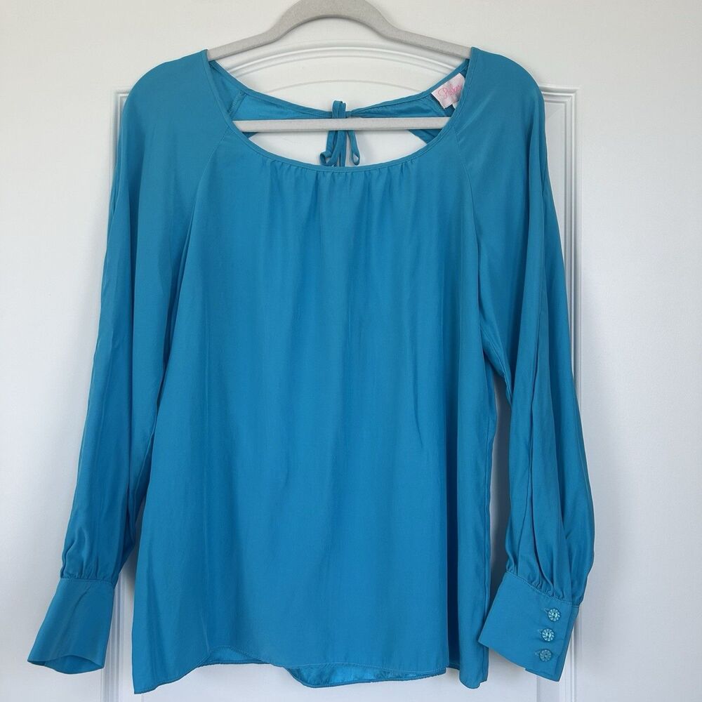 Parker Womens Silk Long Sleeve Blouse Size S Blue Keyhole Back Elegant Feminine